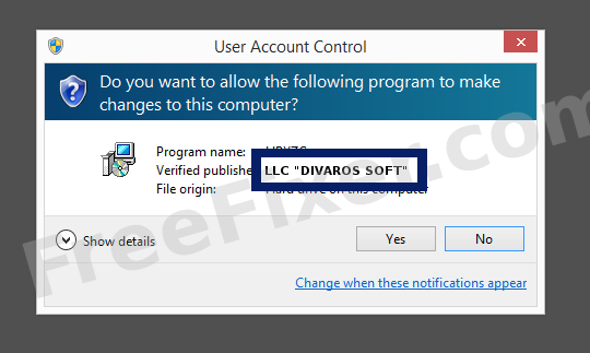 Screenshot where LLC "DIVAROS SOFT" appears as the verified publisher in the UAC dialog